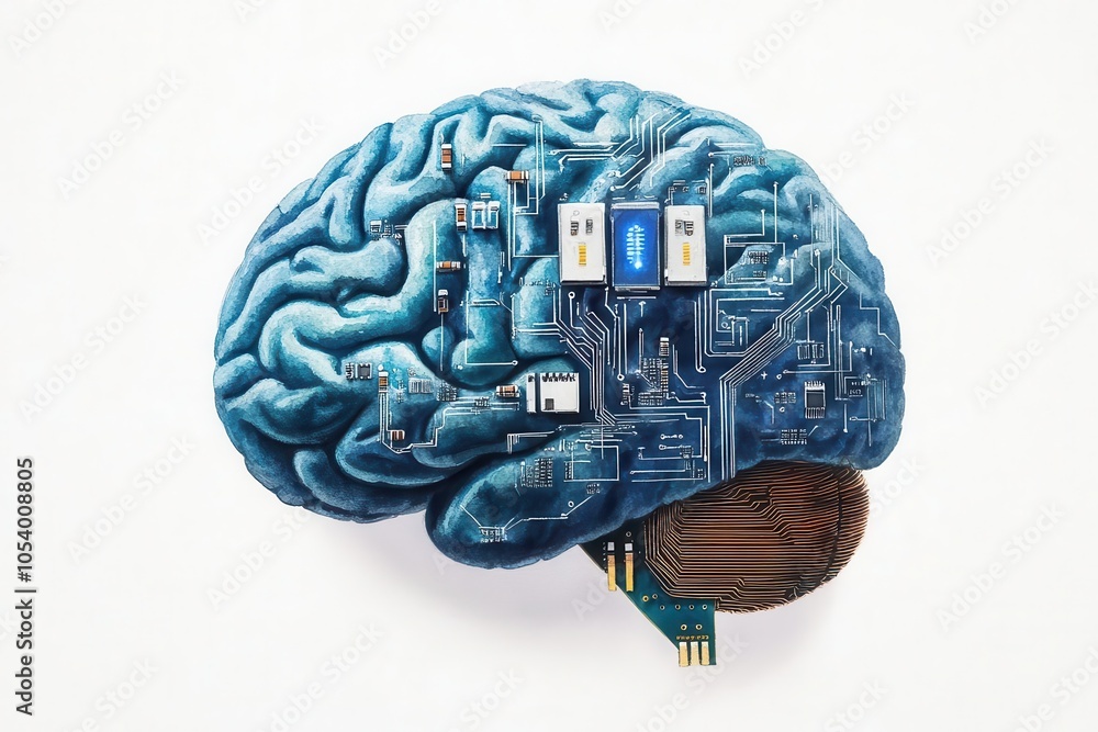 Poster a digital brain illustration combines neural and circuit elements, symbolizing the intersection of t