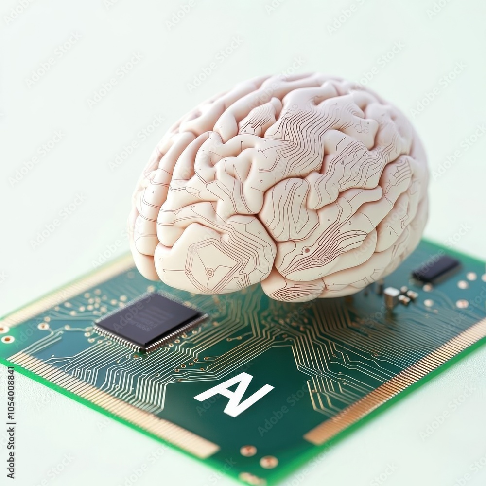 Poster a conceptual image depicting a brain placed on a circuit board, symbolizing the intersection of neur