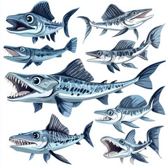 Obraz premium Colorful illustrations of various barracuda fish showcasing their unique features and expressions. These dynamic designs highlight barracudas sharp teeth and streamlined bodies, perfect for marine