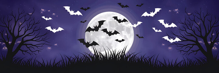 Silhouettes of bats and trees against a full moon  purple and white  Halloween night spooky background   