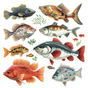 Colorful illustration featuring various types of bass and other fish, showcasing their unique patterns and colors. This vibrant artwork captures beauty of aquatic life