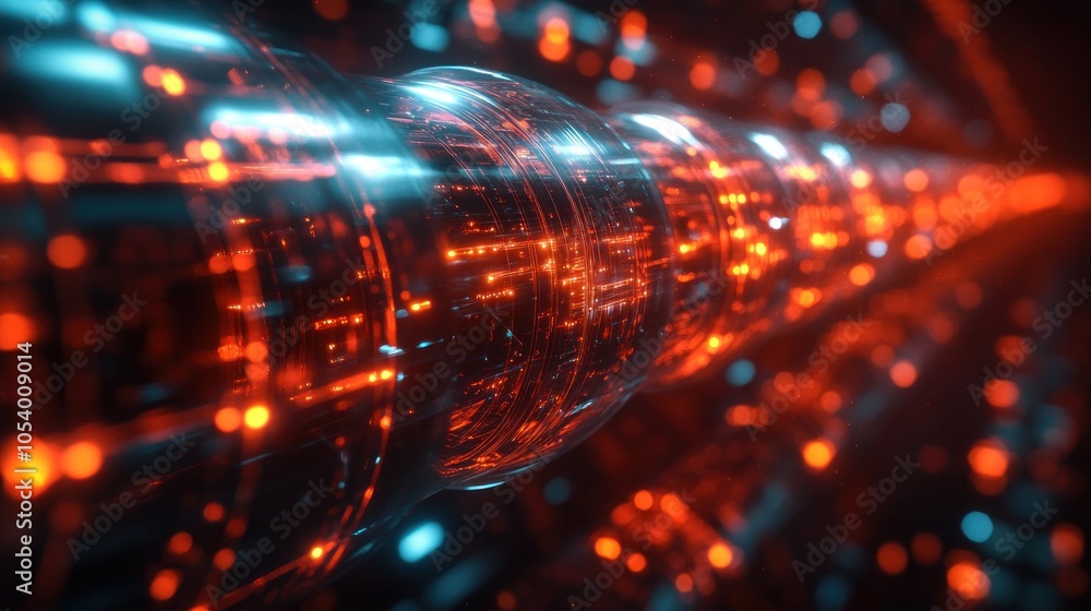 Poster futuristic tunnel with glowing lights and data streams.
