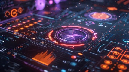 Fototapeta premium Futuristic holographic interface with advanced data analysis and processing capabilities, showcasing real time information streams and intricate visualizations
