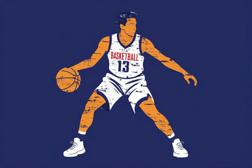 Fototapeta premium Basketball player in action with a ball on white background, Basketball player sketch drawing, cartoon doodle drawing of basketball athlete silhouette. AI generated