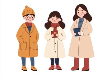 Obraz premium Three friends in winter coats with accessories on a white isolated background.