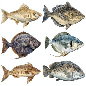 Various species of halibut and fish are illustrated in this detailed artwork, showcasing their unique features and colors. This vibrant depiction highlights diversity of marine life