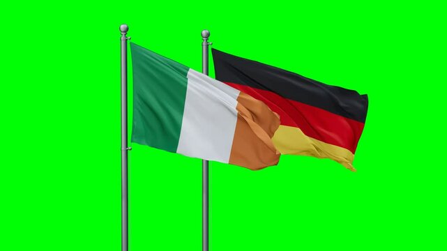 Germany and Ireland flags flying together, video concept of the relationship with colored chroma key for easy background remove