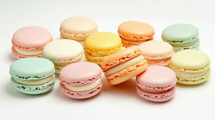 Obraz premium Array of colorful macarons in pastel colors with copy space for Dessert Day greetings