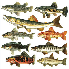 Naklejka premium Various species of pike and trout are illustrated in this detailed image, showcasing their unique patterns and colors. vibrant depiction highlights diversity of these freshwater fish