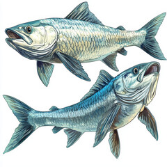 Illustration featuring two Tarpon fish, showcasing their distinct scales and streamlined bodies. vibrant colors and detailed textures highlight their aquatic beauty and dynamic presence
