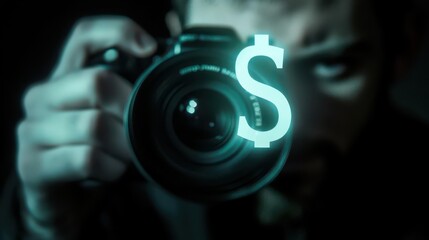 A focused photographer intensely peers through the lens, capturing the moment with creativity and perspective. In the background, a glowing clear dollar sign on a dark surface subtly appears