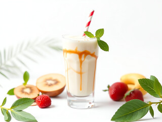 Fototapeta premium Refreshing fruit smoothie with caramel drizzle, garnished with mint, featuring strawberries and peaches on a textured background