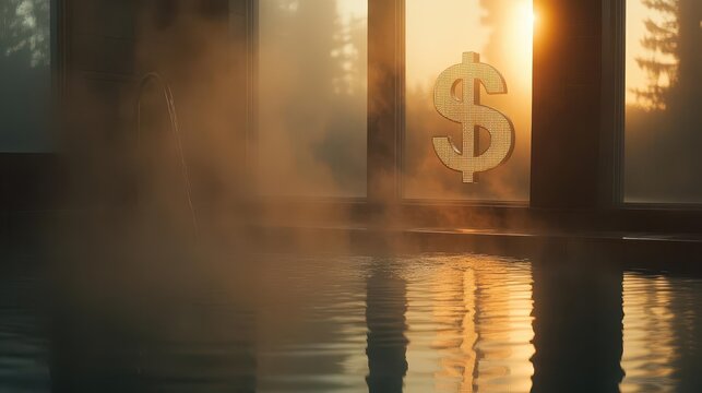 Soft steam rises from a serene indoor pool with early morning light casting a gentle glow through a window. In the distance, a glowing clear dollar sign on a dark surface merges with the scene