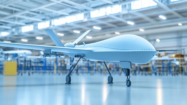 A sleek prototype of a military winged drone is positioned on the assembly line, surrounded by advanced machinery and illuminated workstations in a factory setting.