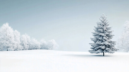 Fototapeta premium Lone snow-covered pine tree in a snowy field. Concept of winter, solitude, peace.