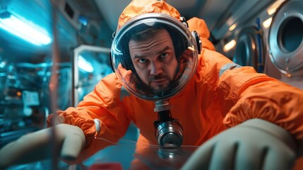 Fototapeta premium Researcher in Orange Suit at Underwater Facility