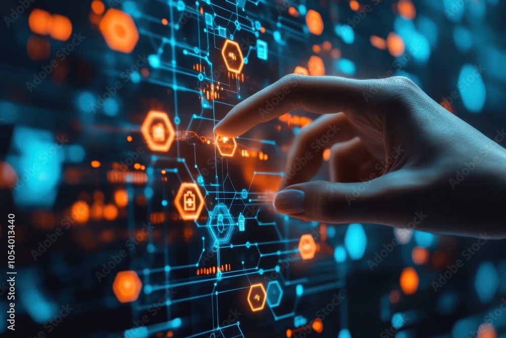 Poster exploring digital technology with a hand interacting with a glowing circuit display at night