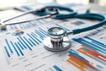 Stethoscope placed on financial charts and graphs representing healthcare analysis trends