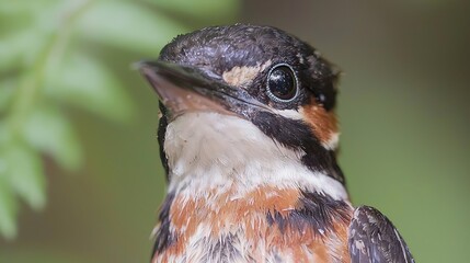 Close-up portrait of a small, colorful bird with black, white, and brown feathers, looking to the right with a blurred green background.