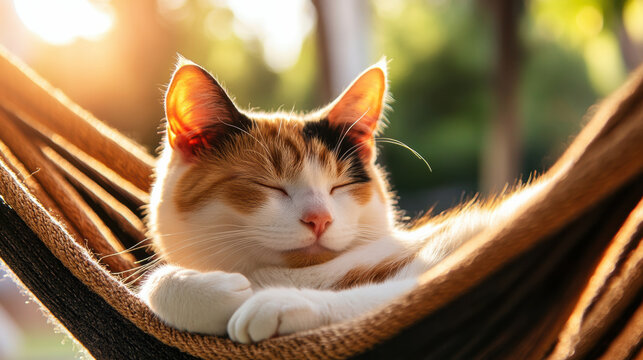 Cozy calico cat stretched out in hammock, enjoying warm sunlight