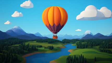 Obraz premium Vibrant Cartoon Hot Air Balloon Floating Over Valley