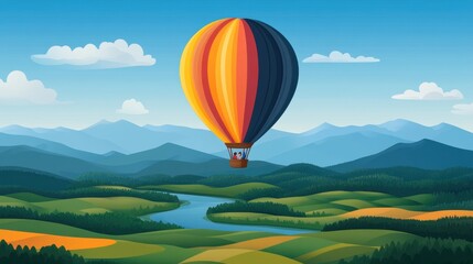 Obraz premium Vibrant Hot Air Balloon Floating Over Scenic Landscape