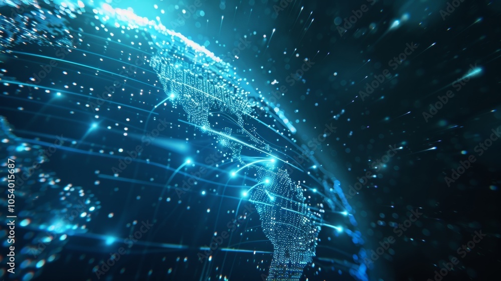Poster futuristic digital data transferring and connecting across america, with planet earth rotating in sp