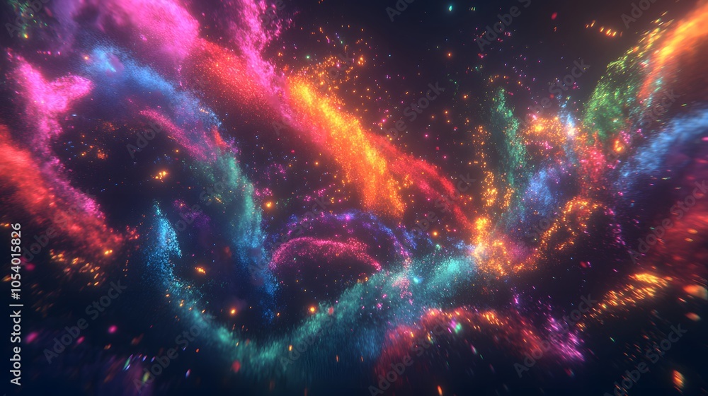 Poster a dazzling display of colorful lights and particles in motion, resembling a cosmic explosion or fest