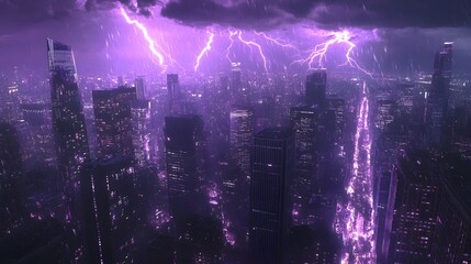 Obraz premium A dramatic night view of a futuristic city under a purple lightning storm, with skyscrapers illuminated by vibrant, electric strikes..