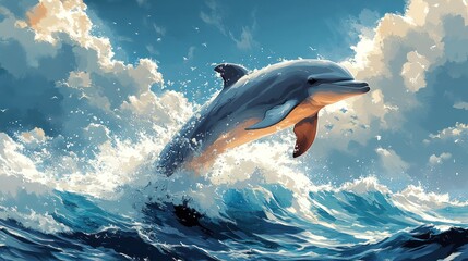 Obraz premium Dolphin Leaping from Ocean Waves with Blue Sky and Clouds