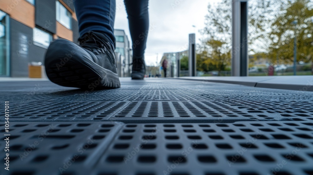 Poster close-up of tactile paving on a walkway, representing inclusion and accessibility, with ample space 