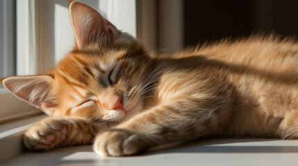 Sleeping orange tabby kitten resting peacefully in sunlight