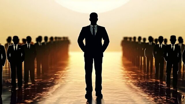 Leadership and teamwork concept with executives in silhouette. Business leader guiding team through golden path of success.
