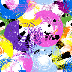 seamless abstract background pattern, with circles, swirls, paint strokes and splashes, black and white