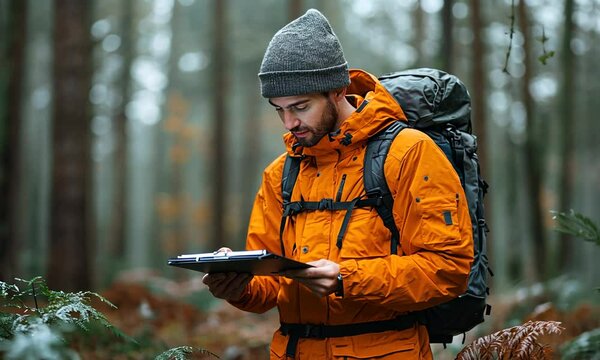 Hiker with a backpack studying a map in a forest setting.