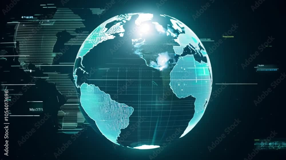 Poster digital world map displaying data flow across continents. futuristic earth with technological grid o