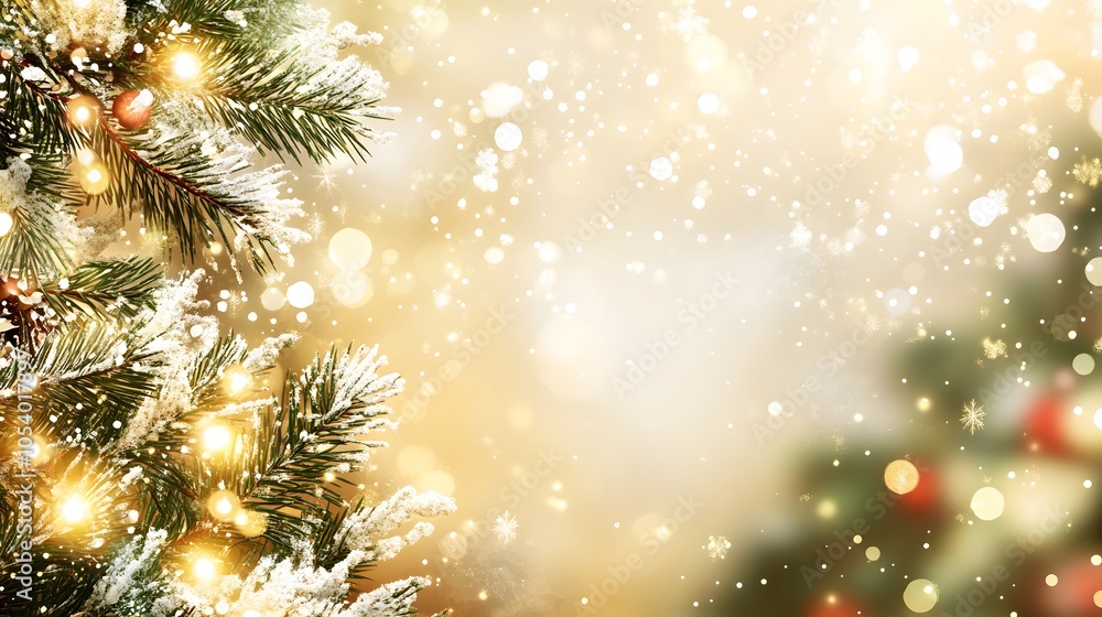 Poster a snow-dusted pine branch adorned with golden holiday lights, creating a warm, festive atmosphere wi
