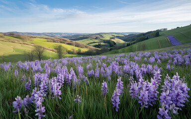 Obraz premium Purple wildflowers bloom in a lush green valley a serene spring landscape 