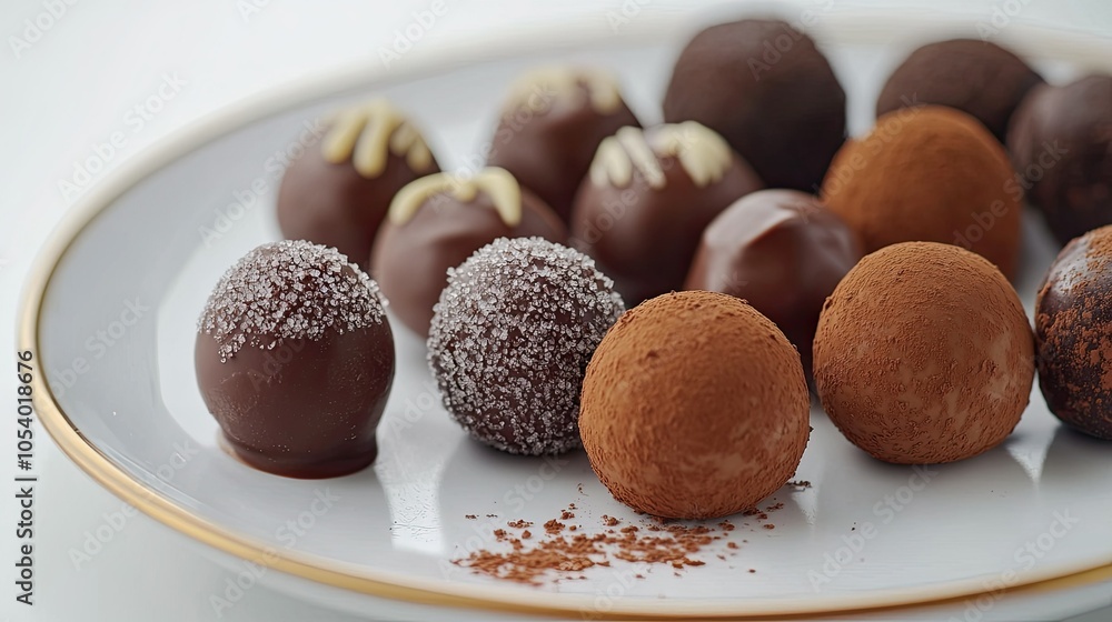 Poster elegant chocolate truffle assortment on a plate with space for copy text.