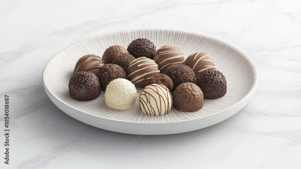 Poster elegant chocolate truffle assortment on a plate with space for copy text.