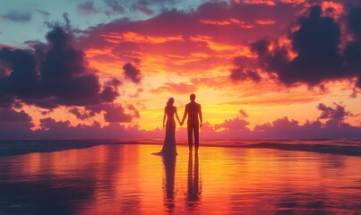 Fototapeta premium 3D newlywed couple holding hands on a beach at sunset, their silhouettes framed by vibrant orange and pink skies