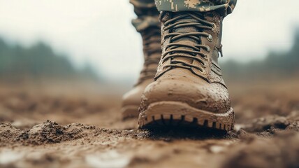 Close-up of muddy military boots standing on uneven terrain, illustrating resilience and the environment faced by soldiers.