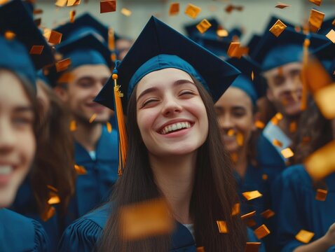 Woman in a blue cap and gown is smiling and surrounded by confetti. Concept of celebration and accomplishment, as the woman is likely a graduate. The confetti adds a festive touch to the scene