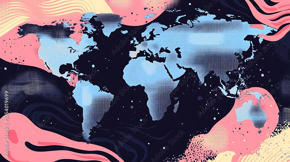 Aufkleber abstract world map with colorful swirls and textures.