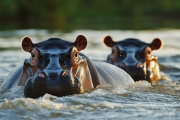 Fototapeta premium Two hippopotami swimming in african river at sunset