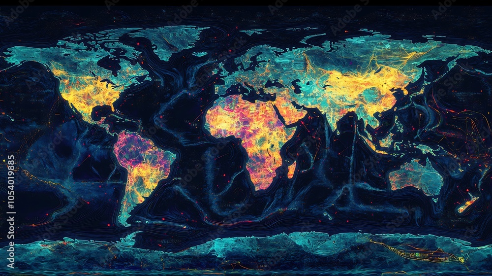 Poster abstract world map with glowing lines and dots.