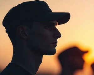A silhouette of a man in a cap against a vibrant sunset, capturing a moment of contemplation and serenity.