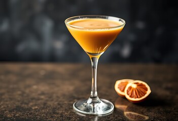 A refreshing orange cocktail served in a stylish glass with a sliced orange on the side.
