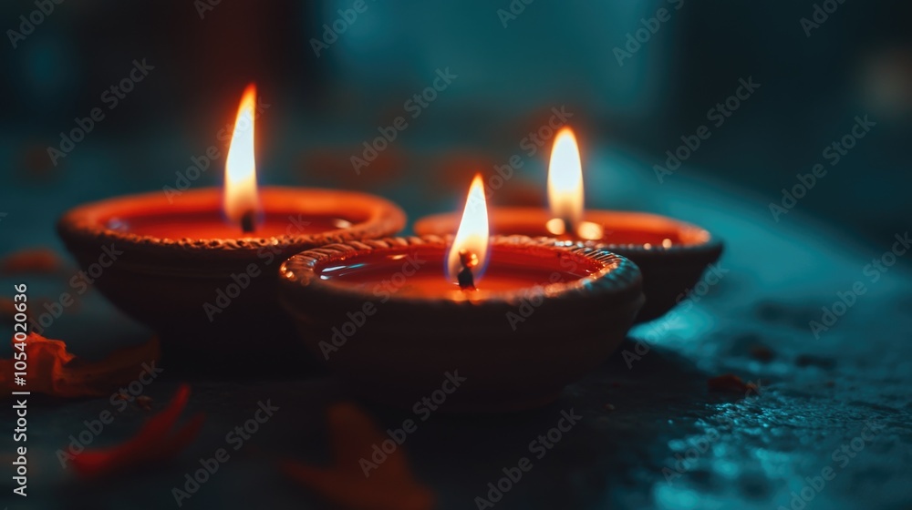 Poster three candles are lit in small red bowls on a table. the candles are evenly spaced and the bowls are