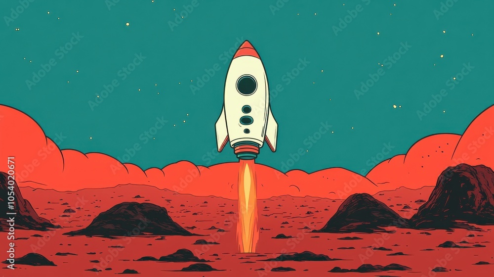 Poster friendly spaceship landing on mars in cartoon style